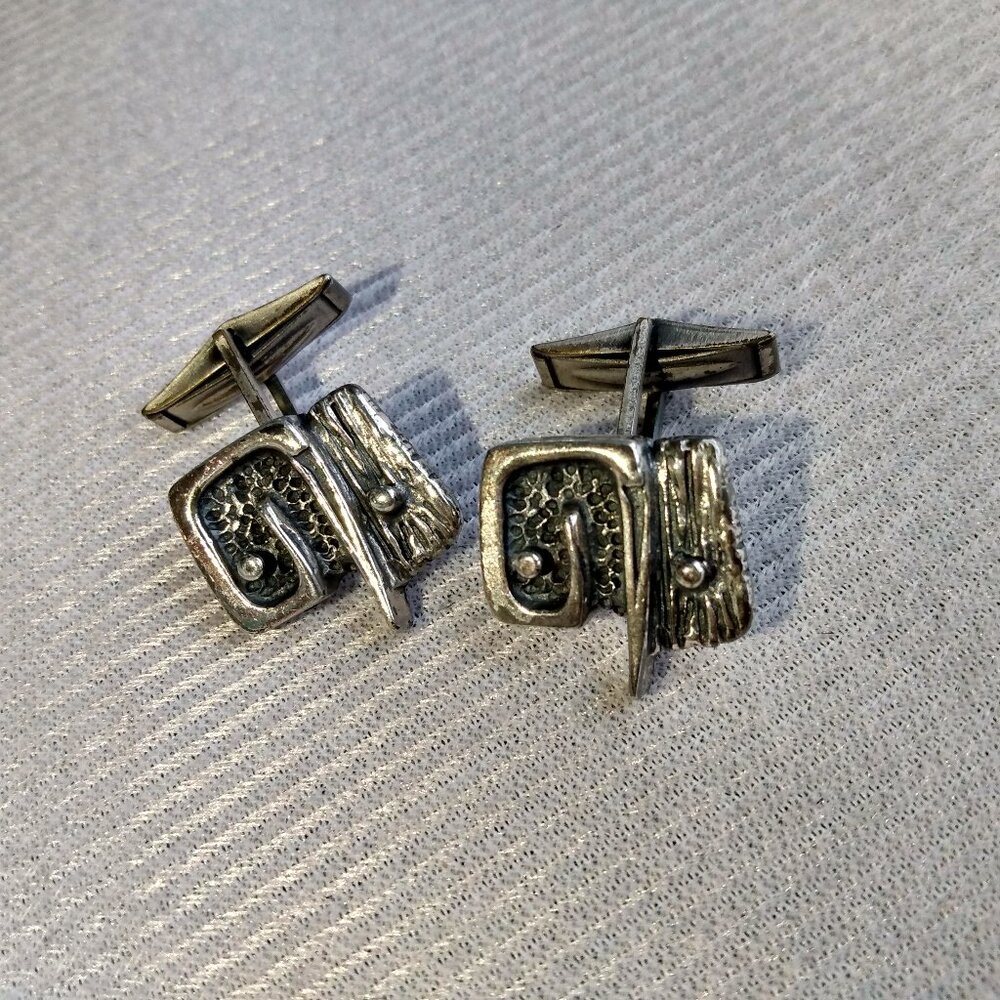 Vintage Cuff Links Guy Vidal Modernist Brutalist Owl Pewter Silver Tone
